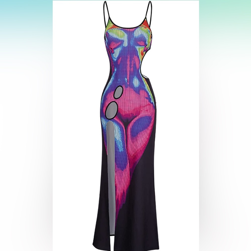 CAPE CLIQUE Spaghetti Strap Cut Out Waist Split Side Crew Neck Bodycon Dress